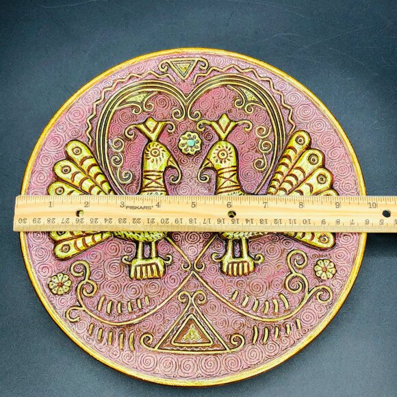 Vintage LODDO DORGALI Chartreuse Peacock Couple Pottery Wall Hanging - Picture 9 of 10